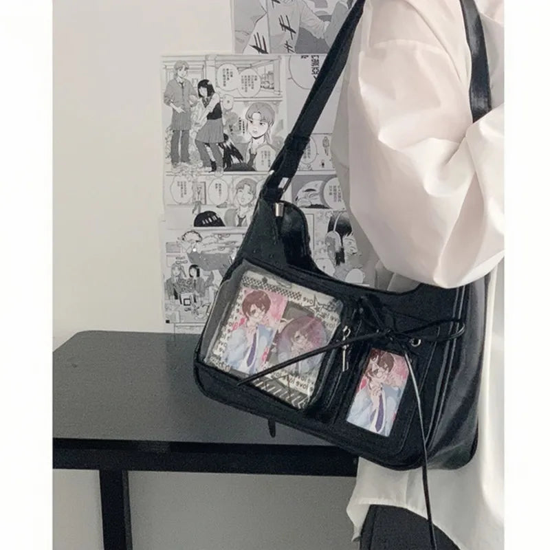 Uakiss Transparent Y2k Harajuku Ita Handbags Bows Japanese Shoulder Bags PU Leather Lolita Jk Pain Bags Korean Crossbody Bag Girls Gift