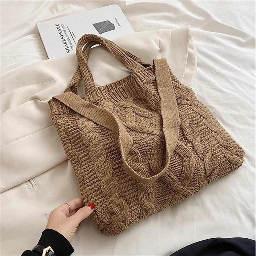 UAKISS  -  Handmade Chunky Crochet Handheld Tote Bag Retro Winter Weaving Literary Knitting Handbag Fashion Phone Shopping Shoulder Bags