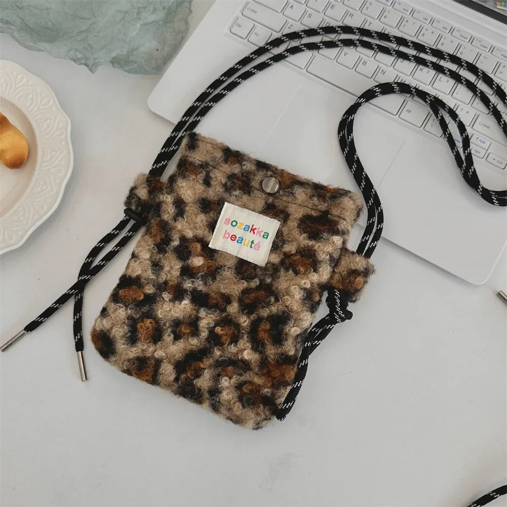 UAKISS  -  1 Pc Furry Leopard Print Shoulder Bag for Girl Autumn Winter Plush Outdoor Messenger Bag Lipstick Earphone Cosmetic Storage Bag