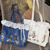 UAKISS  -   Spring Summer New Japanese Tote Bags Retro Lace Splicing Embroidered One Shoulder Denim Handbag