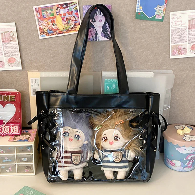 Uakiss JK Uniform Tote Bags Women Harajuku Transparent Detachable Shoulder Bag Subculture Sweet Girls Ribbon DIY Ita Bolso Mujer