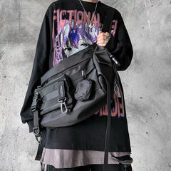 Uakiss Black Canvas Crossbody Bag Man Gothic Harajuku Large Capacity Japanese Vintage Shoulder Bag School University Postman Bag Cool