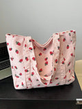 UAKISS  -  Fashion Large Capacity Corduroy Strawberry Print Tote Bag Elegant Casual Versatile Portable Women's Shoulder Bag