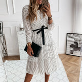 UAKISS  -  Chiffon Dress Vintage Simple Sweet O-neck White Polka Dot Party Women Long Sleeve Casual Daily Dresses Bohemian Boho Vestidos