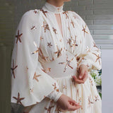 UAKISS  -  French Elegant O-neck Hollow Long Dress Women Spring Shiny Starfish Print Spring Party Dress Fall Lantern Sleeve Hem Maxi Dress