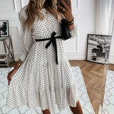 UAKISS  -  Chiffon Dress Vintage Simple Sweet O-neck White Polka Dot Party Women Long Sleeve Casual Daily Dresses Bohemian Boho Vestidos