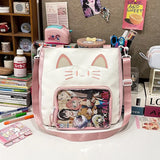 Uakiss Cute Shoulder Bag for Women Cat Kawaii Large Capacity Casual Ita Bag Embroidery College Style Lolta Transparent Handbag