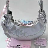 UAKISS  -  Girls Y2k Silver Handbag Korean Half-moon Shoulder Bag Luxury Design Small Heart Underarm Handbags Women Fashion Phone Purse