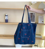 UAKISS  -  Cute Cherry Embroidery Women's Shoulder Bag Soft Denim Female Commute Shopping Bags Large Capacity Ladies Retro Tote Handbag