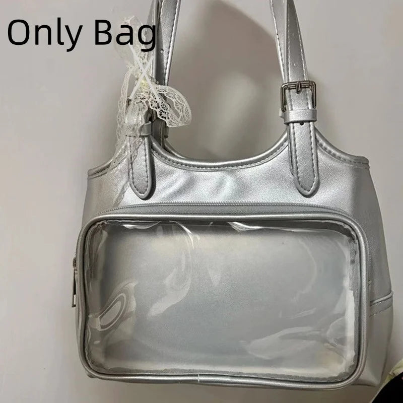 Uakiss Transparent Pockets Y2k Silver Pain Bags PU Leather Cute Ita Handbags JK Uniform Shoulder Bags DIY Display Lolita Bags Girls