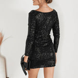 UAKISS  -  2025 New Women's O Neck Slim Mini Dress Elegant Sequin High Waist Short Dress Fashion Club Party Long Sleeved Dresses Vestidos