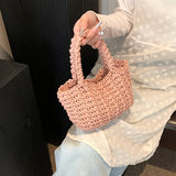 UAKISS  -  Solid Color Weave Tote Bags for Women 2024 Korean Fashion Summer Shoulder Bags Lady Travel Handbags and Purses Female Beach Bag