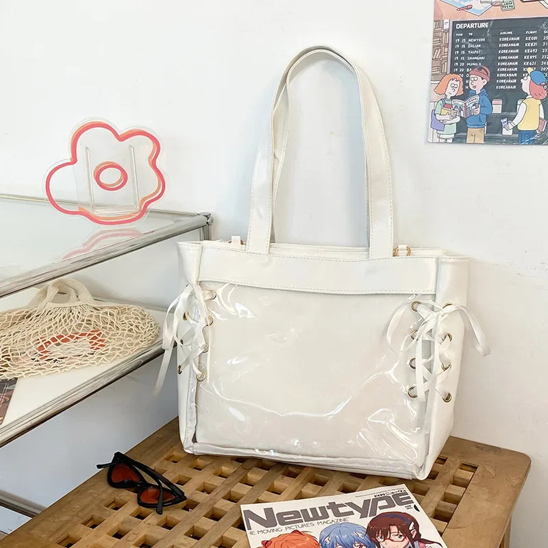 Uakiss JK Uniform Tote Bags Women Harajuku Transparent Detachable Shoulder Bag Subculture Sweet Girls Ribbon DIY Ita Bolso Mujer