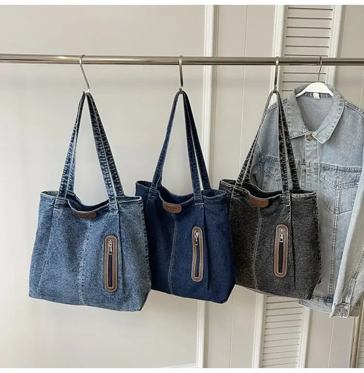 UAKISS  -  Large Capacity Denim Single Shoulder Bag 2024 New Fashion Versatile Tote Retro Commuting Casual Bags