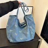 UAKISS  -  New Large Capacity Shoulder Bag Solid Color Bow Printing Denim Canvas Bag Shopping Bag Travel Women's Handbags