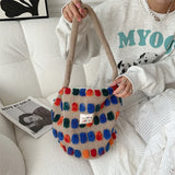 UAKISS  -  Color Plush Dots Women's Bento Handbags Retro Design Female Fluffy Bucket Bags Large Capacity Shoulder Bag Purse Casual Tote