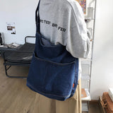 UAKISS  - Women's Lazy Style Denim Canvas Shoulder Bag Korean Version Retro College Leisure Shopping Bag Large Capacity Crossbody Bag