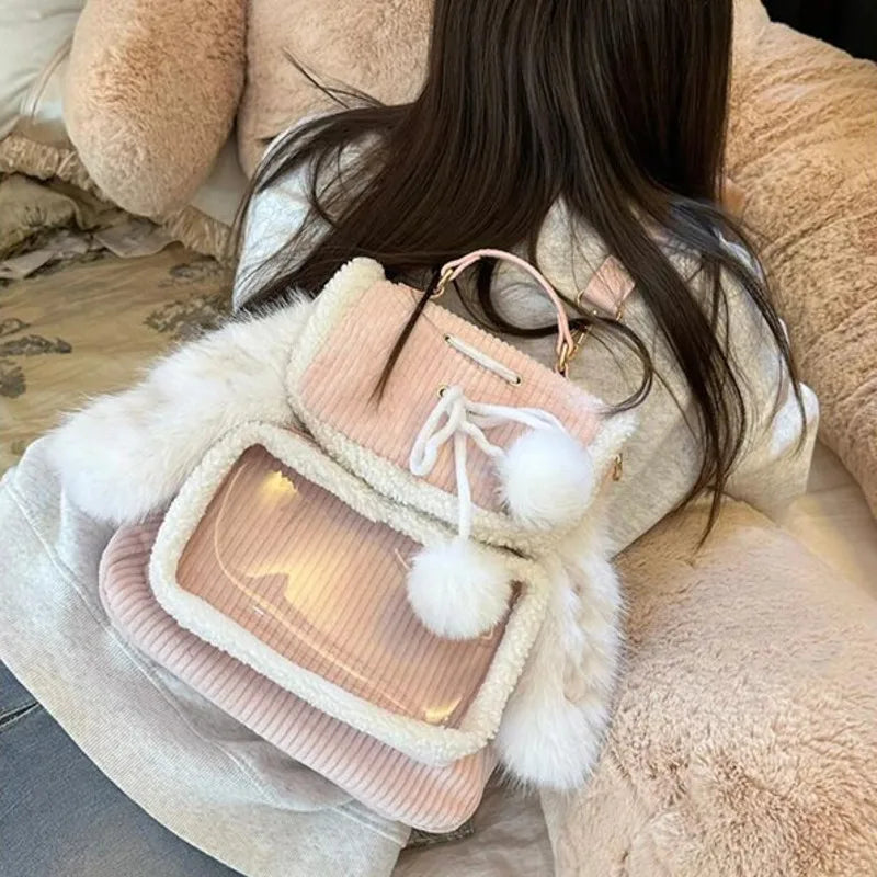 Uakiss Corduroy Kawaii Pink Pain Backpacks Rabbit Ears Spliced Japanese Ita Bag Transparent Pocket Lolita Plush Backpack Y2k Girls Bags