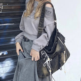 UAKISS  -  Y2K Korean Harajuku Gothic Hobo Denim Bag Aesthetic Vintage Purses WomenHandbag Crossbody Messenger Tote Peddler Shoulder Bags