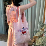 UAKISS  -  Pink Satin Tote Bags Chelsea Bow Embroidery Commuter Shoulder Bags Casual Peplum Vest Bag