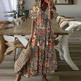 UAKISS  -  Boho Loosen V Neck Tassel Long Dress 2024 Spring Floral Print Pleated Party Maxi Dress Women Embroidery Lace Sleeve Summer Dress