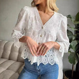 UAKISS  -  Temperament 2024 Chiffon V-neck Blouse Blusa New Spring Floral Embroidery Long Sleeve Cardigan Women Causal Lace Stitching Tops