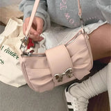 UAKISS  -    Pink Bow Womens Shoulder Bag Korean Fashion College Style Elegant Handbag Square Pleated Sweet Casual Leather Armpit Bag