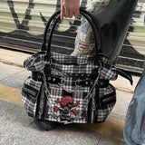 UAKISS  -  Plaid Y2k Womens Shoulder Bag Canvas Punk Chains Fashion Tote Bag Aesthetic Harajuku Style Casual Commuter Female Handbag