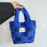 UAKISS  -  Women Fashion Checkered Furry Bucket Bag Winter Handbag Soft Plush Tote Bags