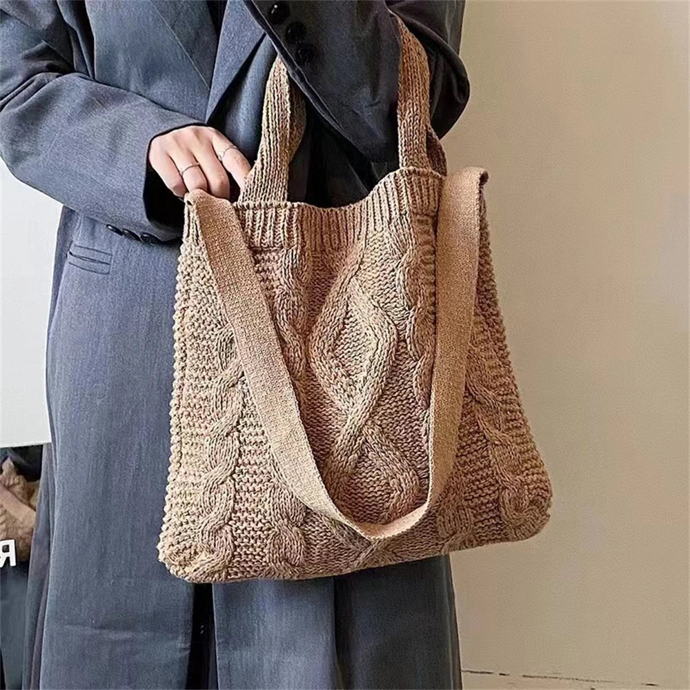 UAKISS  -  Handmade Chunky Crochet Handheld Tote Bag Retro Winter Weaving Literary Knitting Handbag Fashion Phone Shopping Shoulder Bags