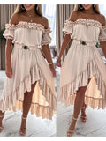 UAKISS  -  Summer Trend Off Shoulder Dress Women Elegant Solid Ruffle Frill Hem Asymmetrical Maxi Dresses for Womans Luxury Design Clothing