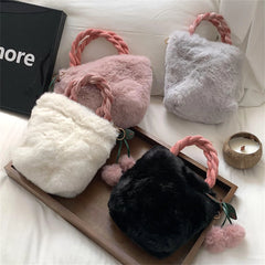 UAKISS  -  Winter Fluffy Small Square Shopping Bag 2024 New Ladies Faux Rabbit Handbag  Plush Cherry Trinket Shoulder Bags Chain Crossbody