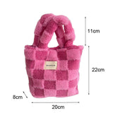 UAKISS  -  Women Fashion Checkered Furry Bucket Bag Winter Handbag Soft Plush Tote Bags