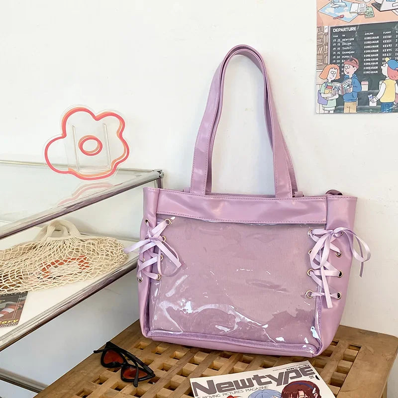 Uakiss JK Uniform Tote Bags Women Harajuku Transparent Detachable Shoulder Bag Subculture Sweet Girls Ribbon DIY Ita Bolso Mujer